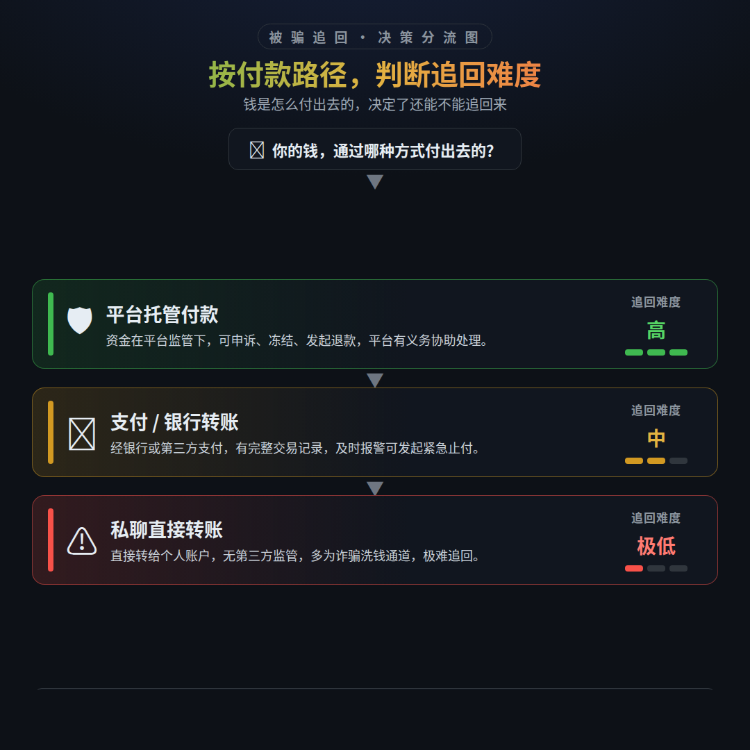 三角洲卡盟被骗后的三种付款类型与追回难度对比图