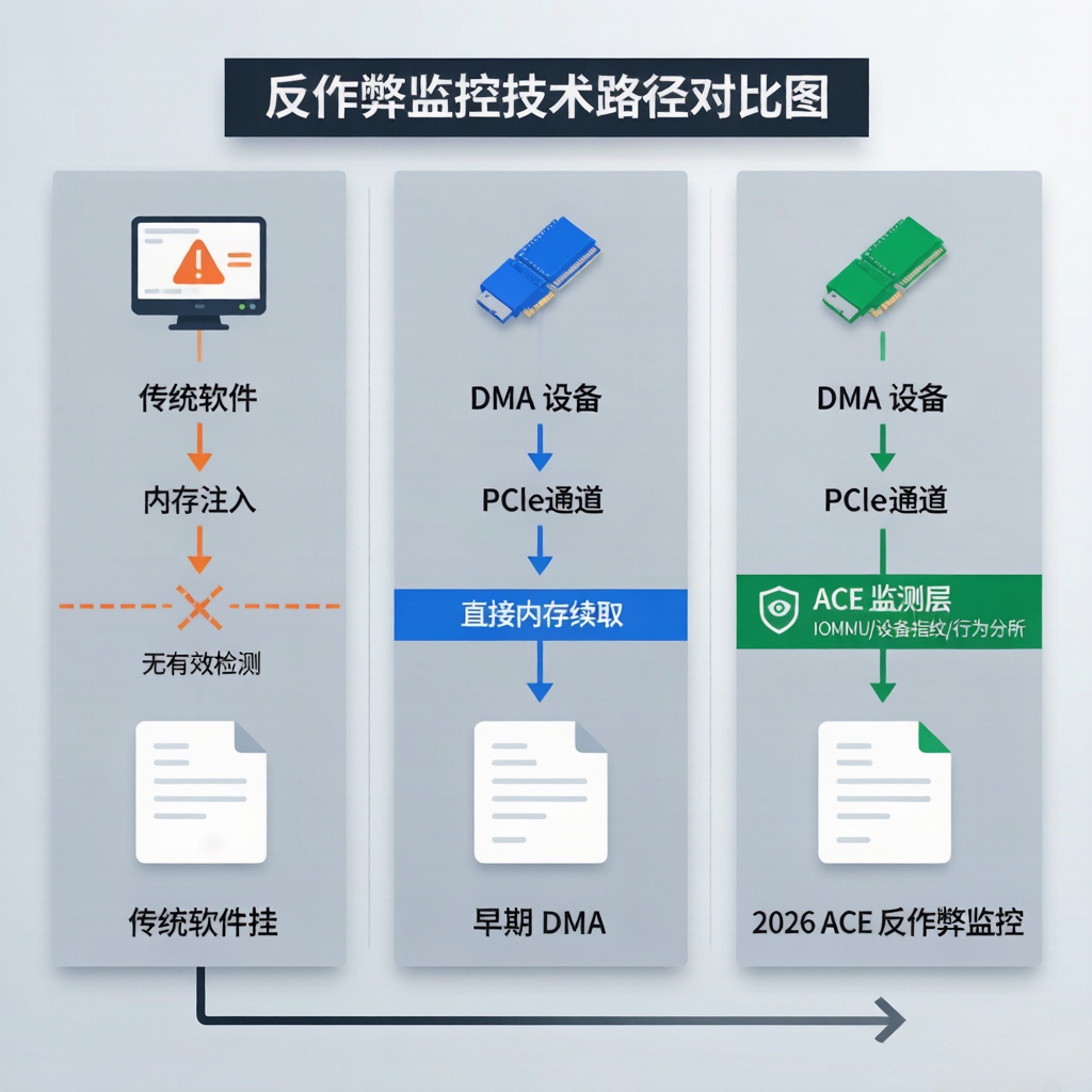 三角洲行动DMA辅助与ACE反作弊技术对抗示意图