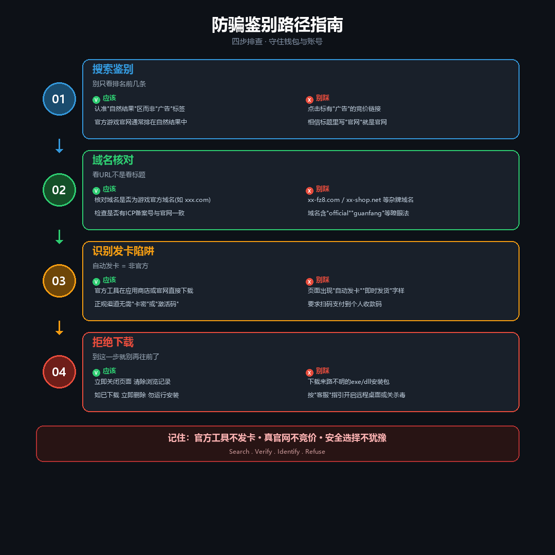 三角洲行动玩家识别假官网与安全防骗流程图。